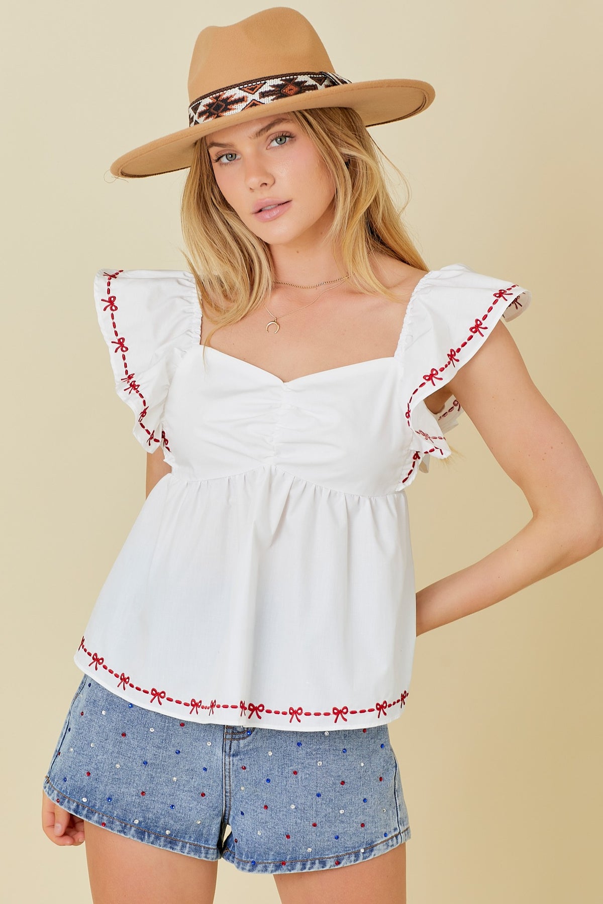 EMBROIDERED RIBBON BABYDOLL TOP