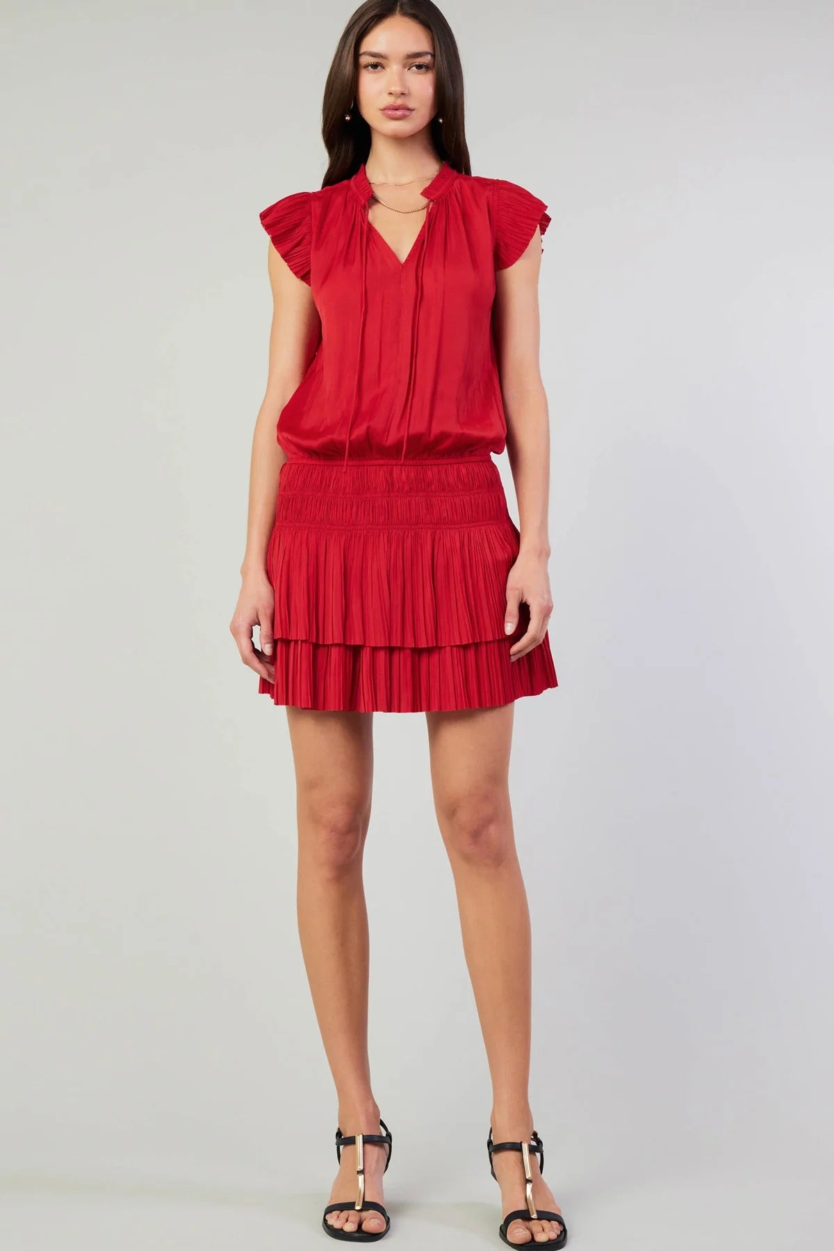 SWANKY RED MINI DRESS W/ PLEATED SKIRT