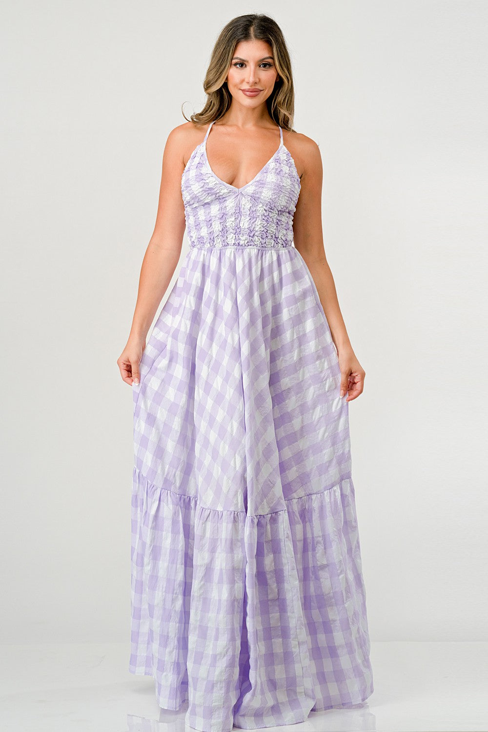 MIA LILAC GINGHAM MAXI DRESS