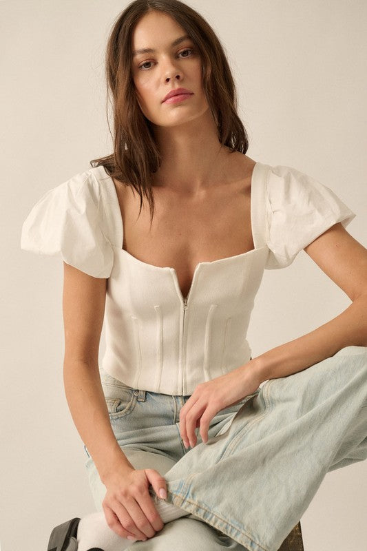 WHITE PUFF SLEEVE CORSET TOP W/ ZIPPER