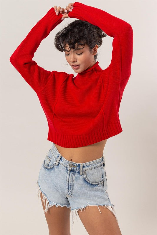 HIGH NECK REVERSE SEAM SWEATER | RED