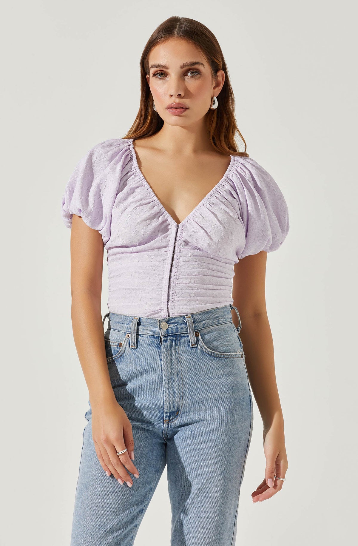 TAMEKA TEXTURED RUCHED PUFF SLEEVE TOP