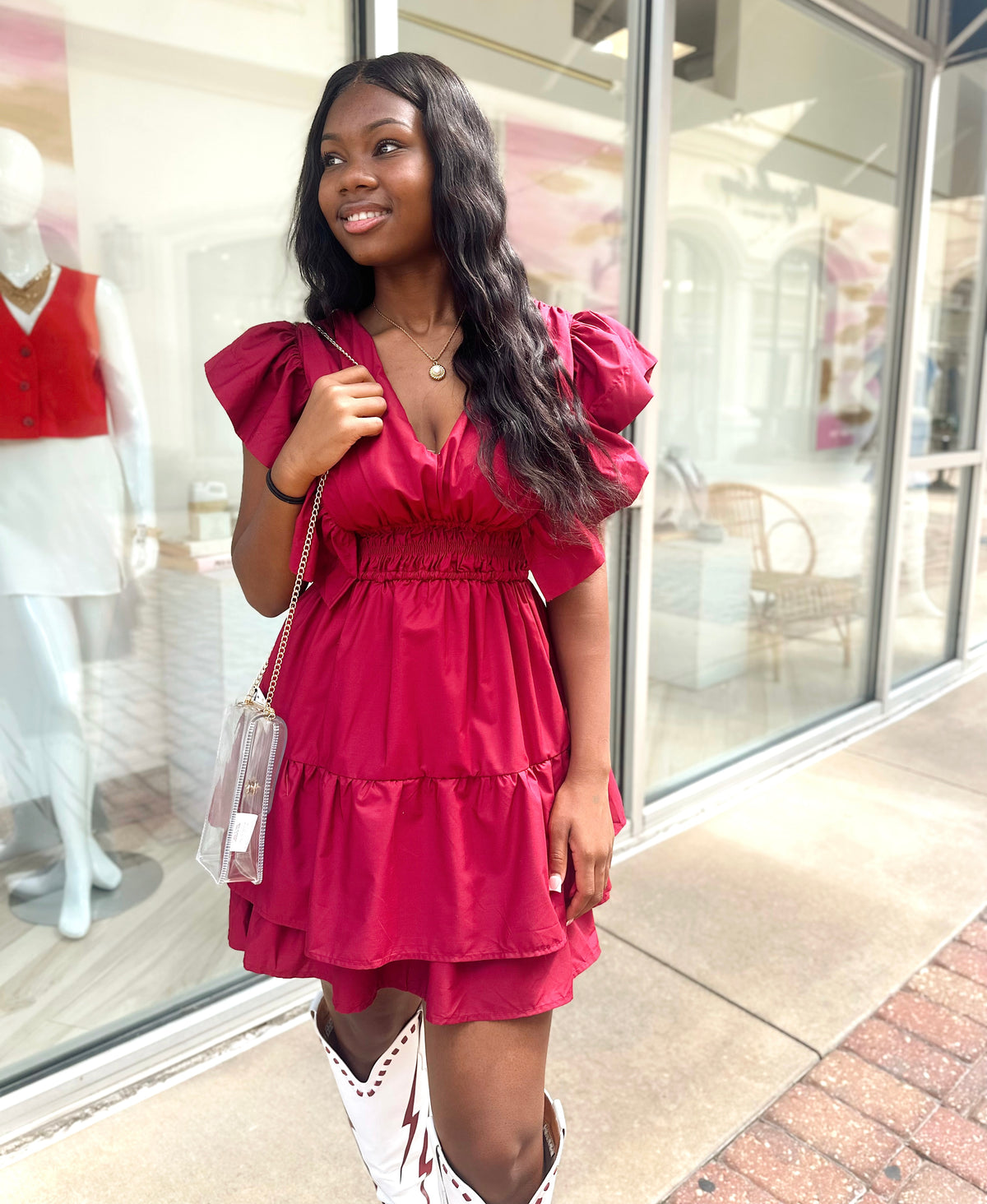 MAROON RUFFLE DRESS W/ SINCHED WAIST