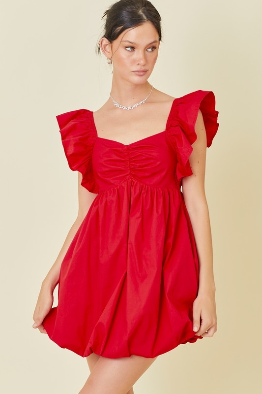 RED RUFFLE MINI DRESS WITH BUBBLE HEM